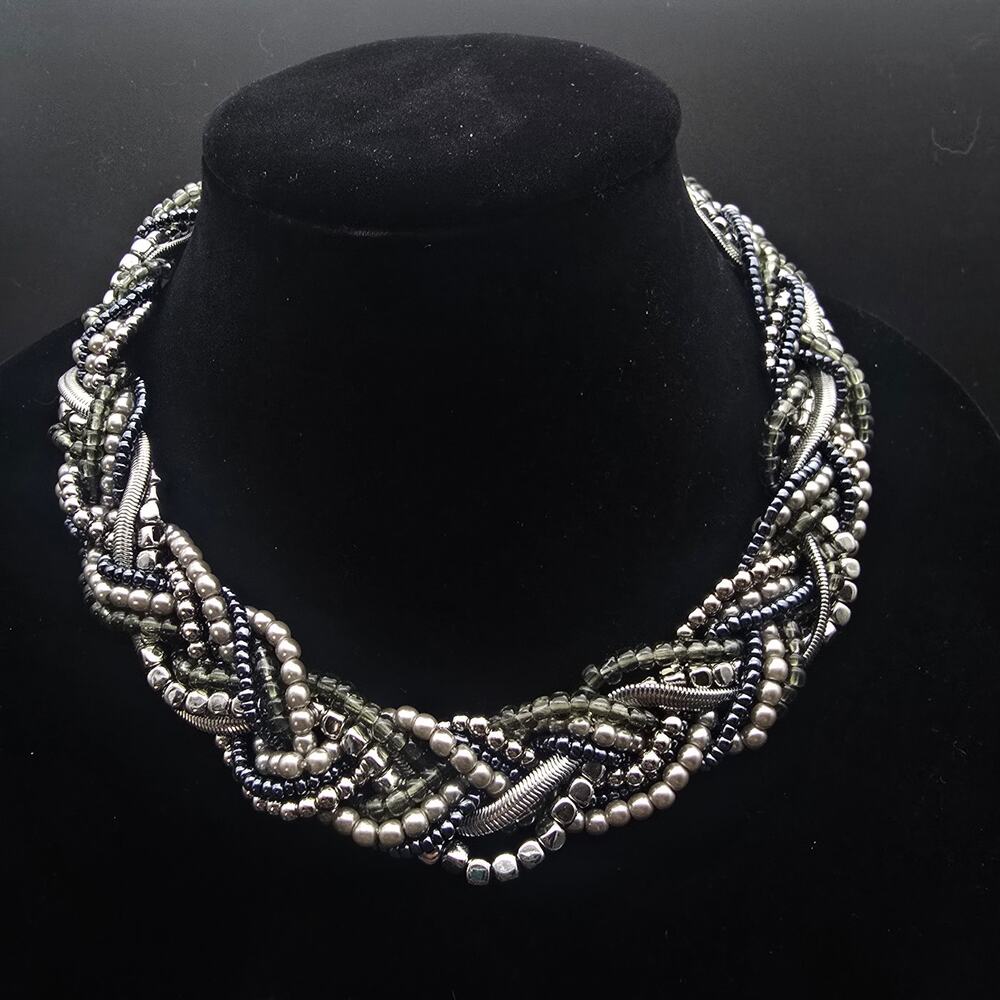Premier Designs Interwoven Necklace Braided Silver Tone Black Bib Necklace